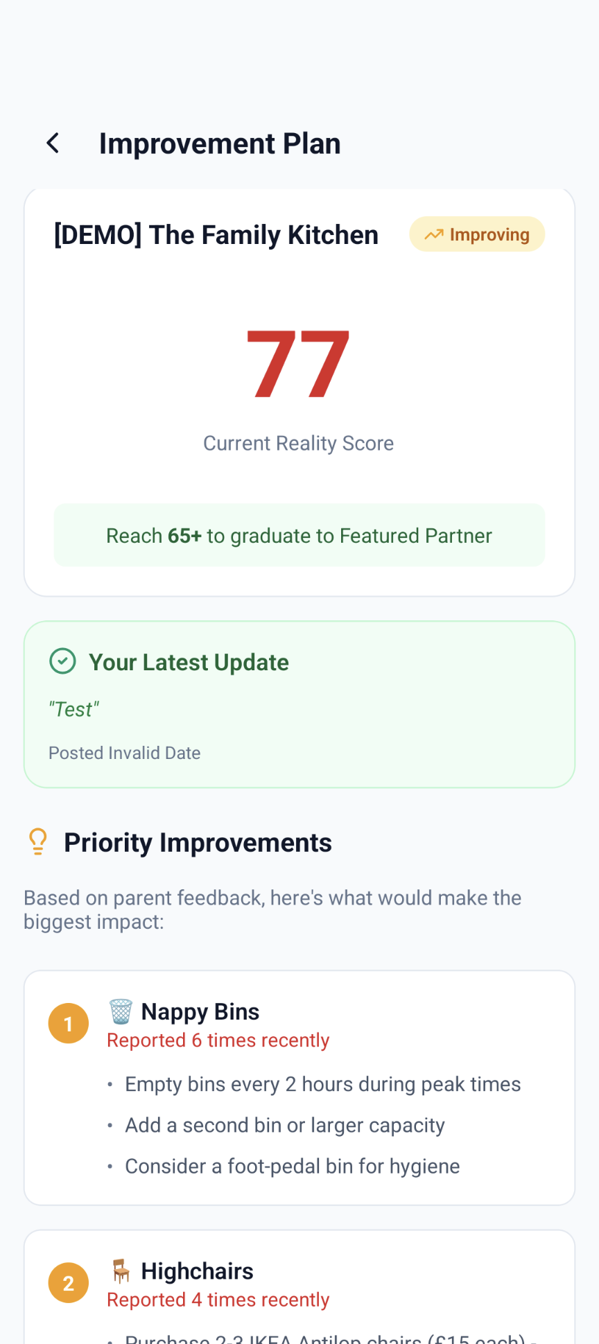 Improvement Plan with prioritised suggestions
