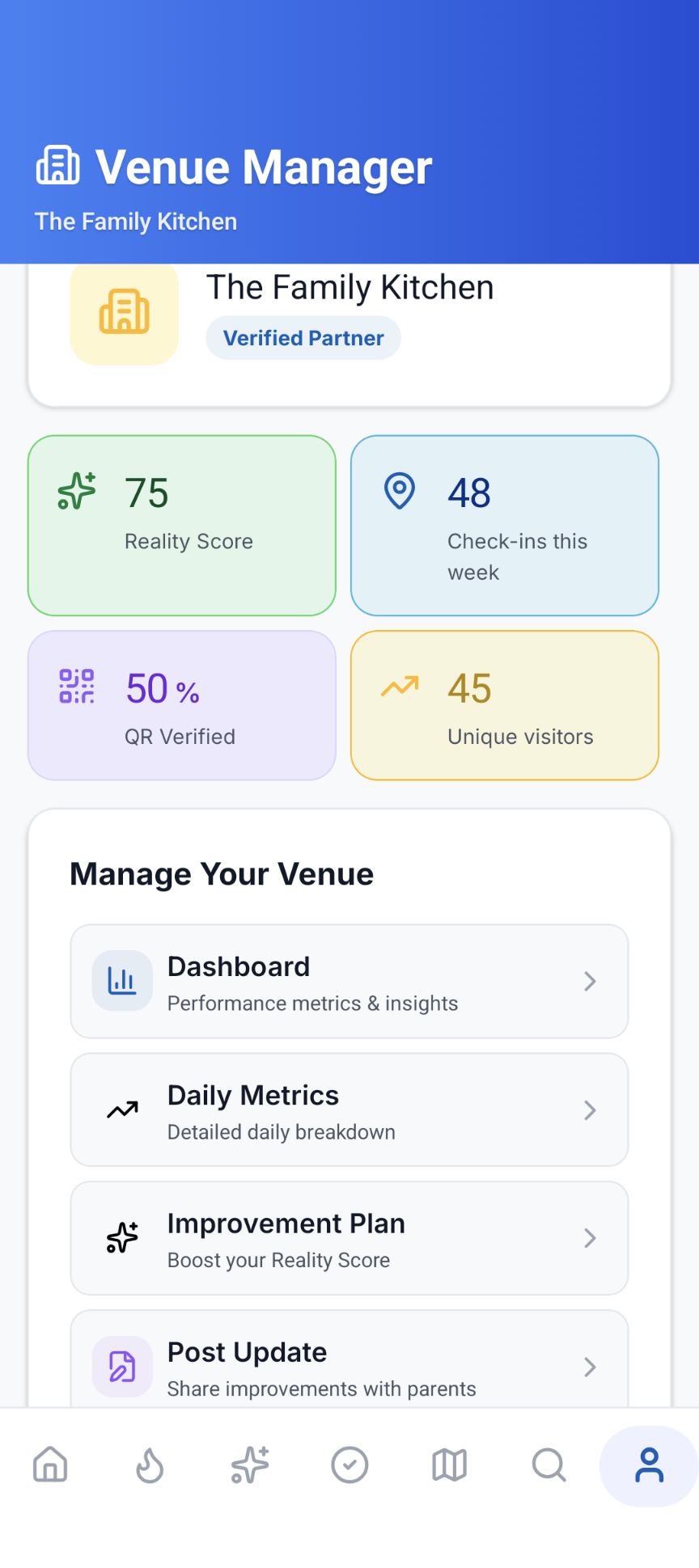 Venue Manager home screen with Reality Score and quick stats