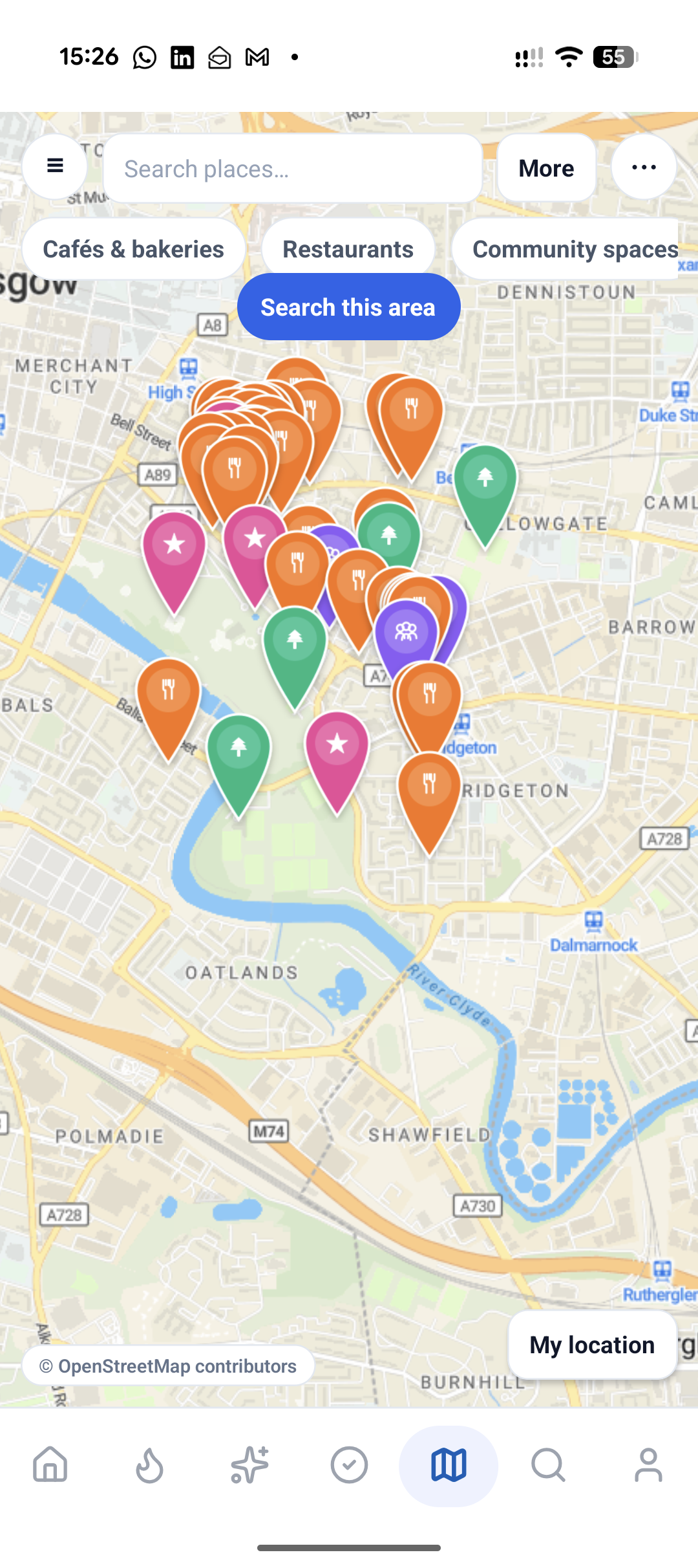 Map view showing nearby family-friendly venues