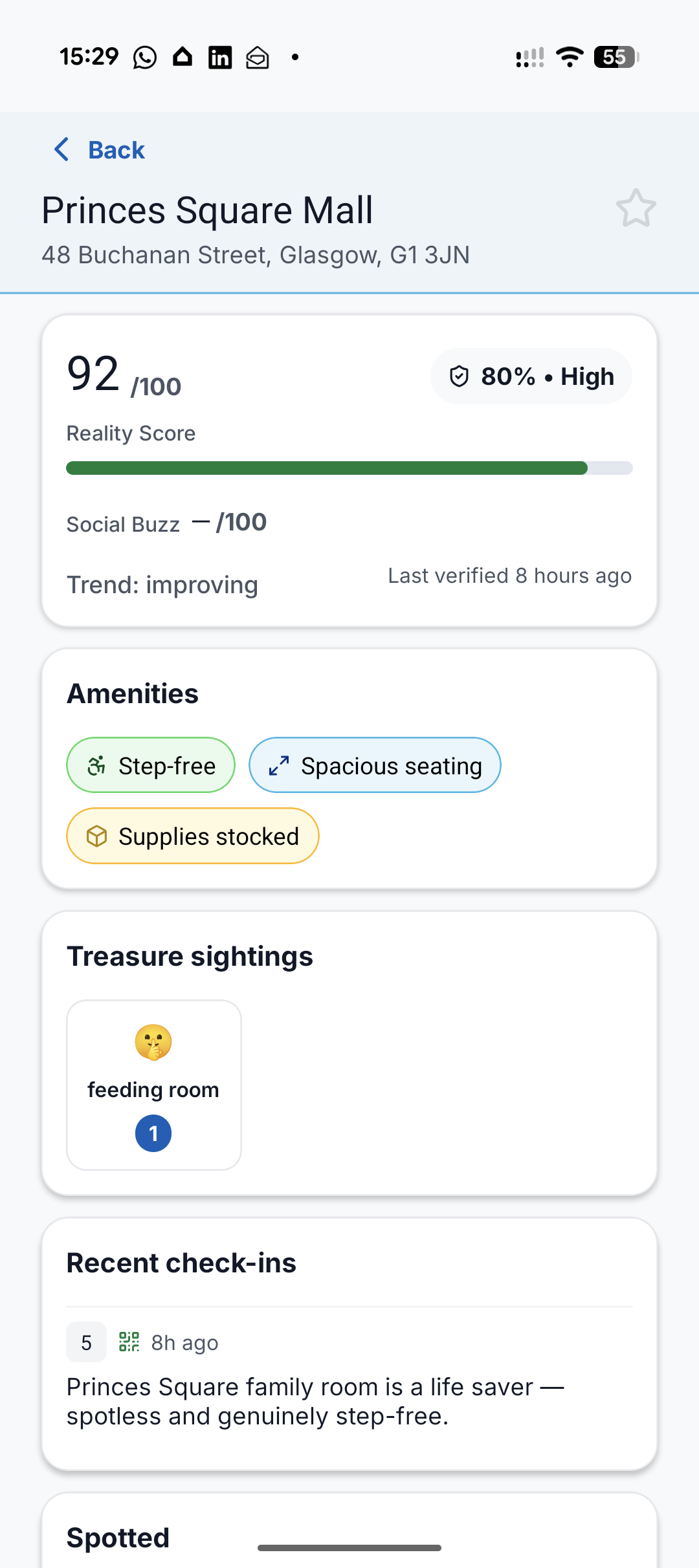 Venue detail showing Reality Score and facilities